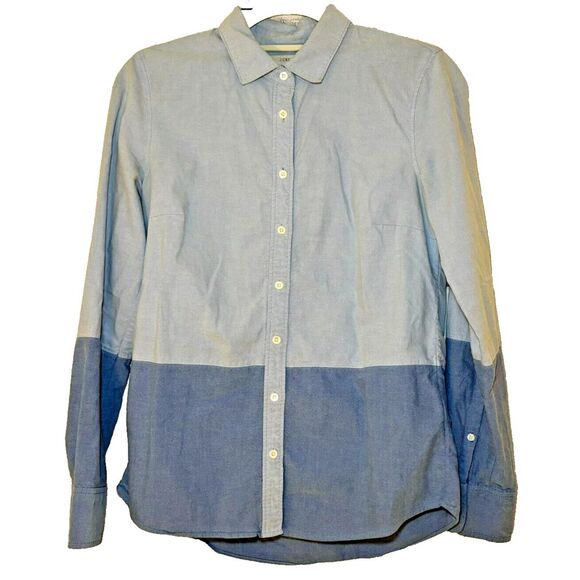 J. Crew Shirt Women's 4 Blue Chambray Color Block Boy Fit L/S Button Down Preppy - Picture 1 of 5